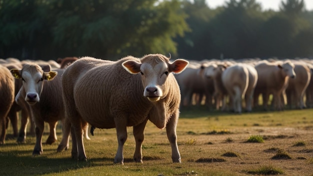 eine Kuh steht auf einem Feld mit anderen Kühen im Hintergrund