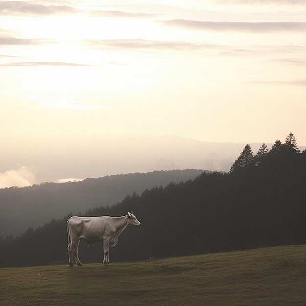 Eine Kuh steht auf einem Feld mit Bäumen im Hintergrund.