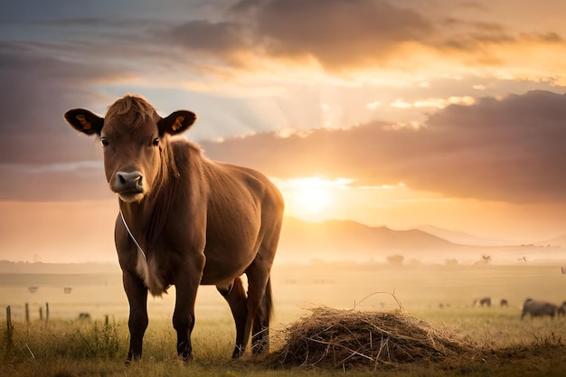 Eine Kuh steht auf einem Feld mit einem Sonnenuntergang dahinter.