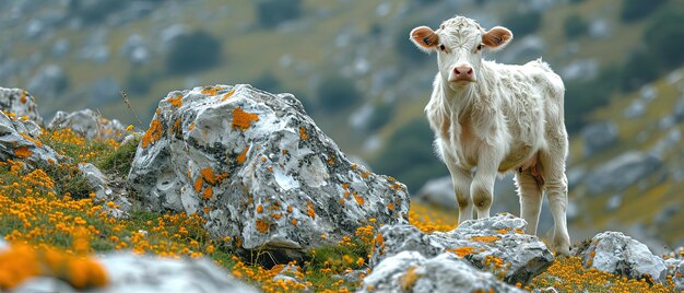 eine Kuh steht auf einem felsigen Hügel mit orangefarbenen Blumen