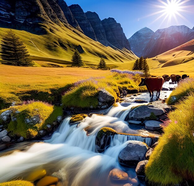 Eine Kuh steht in einem Bach mit einem Berg im Hintergrund.