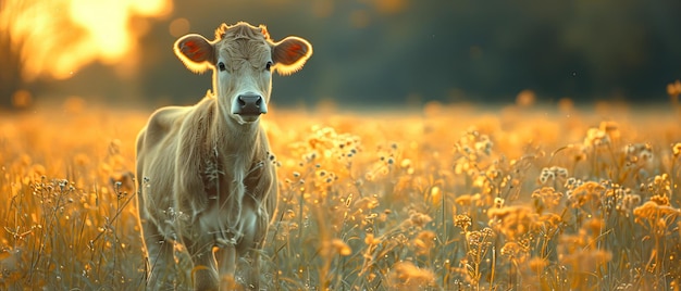 eine Kuh steht in einem Feld mit hohem Gras