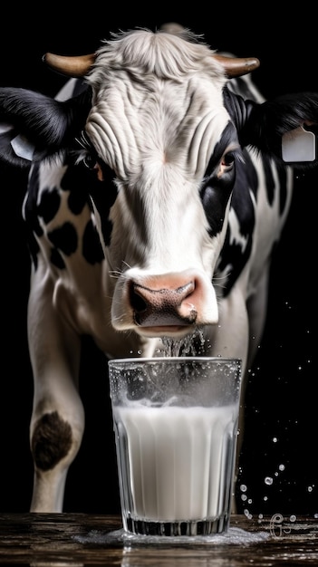 Eine Kuh trinkt aus einem Glas Milch aus einem Glas.