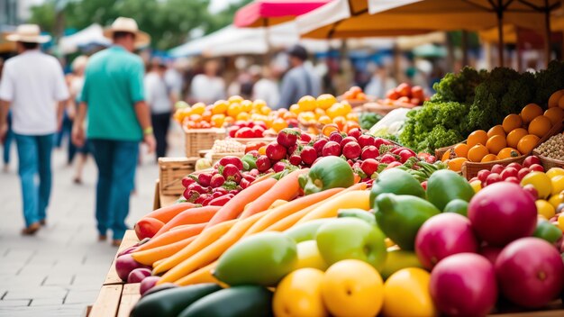 Eine kunstvolle Darstellung eines gewagten Marktes mit frischem Obst und Gemüse, KI-generativ