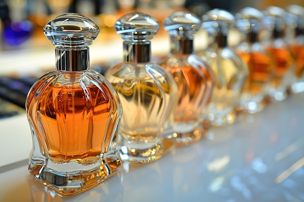 Eine kuratierte Ausstellung von Parfüms, luxuriösen Duftstoffen in einer eleganten Parfümboutique Closeup Parfums