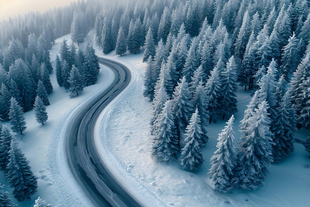 Eine kurvenreiche Straße durch einen schneebedeckten Wald