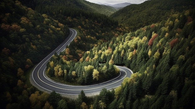 Eine kurvenreiche Straße in den Bergen mit farbenfrohem Hintergrund.