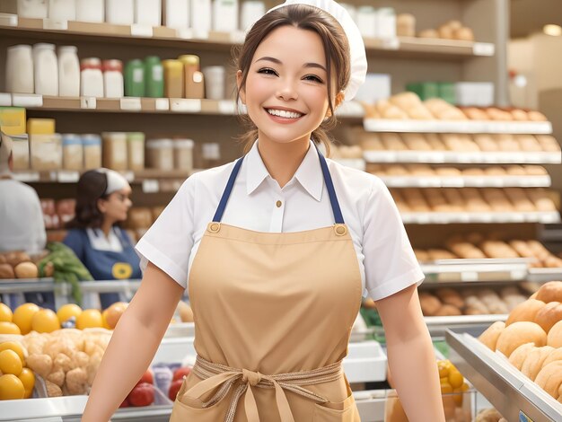 Eine Ladenangestellte lächelt. Dame in einem Einzelhandelsgeschäft, Lebensmittelgeschäft, Bäckerei, Apotheke, mit einer Schürze, die arbeitet