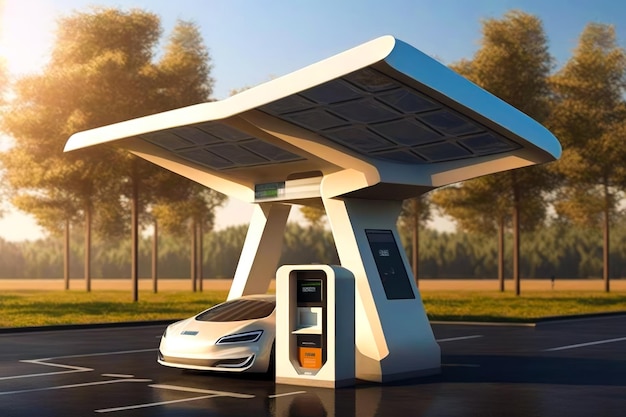 Eine Ladestation für Elektrofahrzeuge mit Solarpanel auf der Oberseite Generative KI