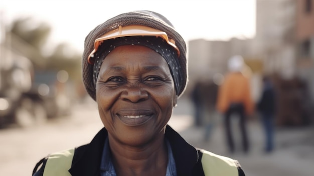 Eine lächelnde ältere afrikanische Bauarbeiterin steht auf der Baustelle