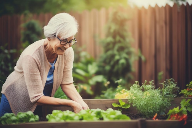 Eine lächelnde ältere Frau arbeitet im Garten, eine ältere Frau pflanzt Gemüse im Garten.