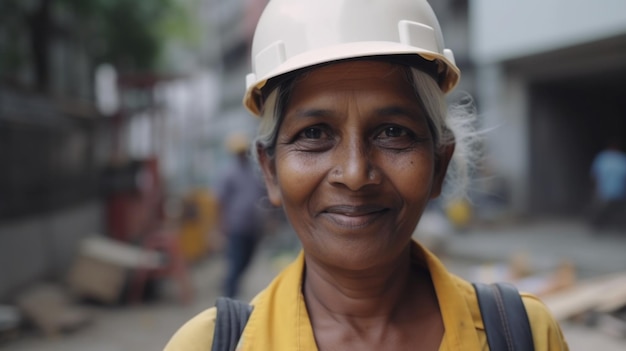 Eine lächelnde ältere indische Bauarbeiterin steht auf der Baustelle