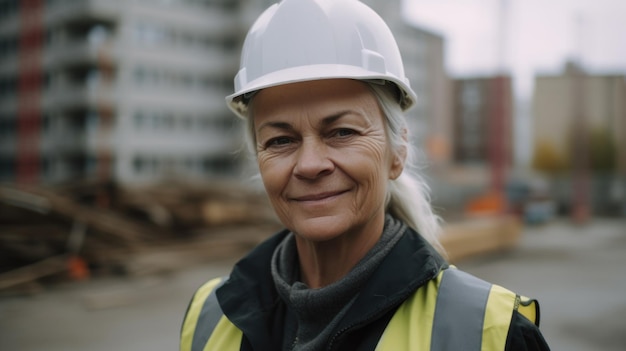 Eine lächelnde ältere schwedische Bauarbeiterin steht auf der Baustelle