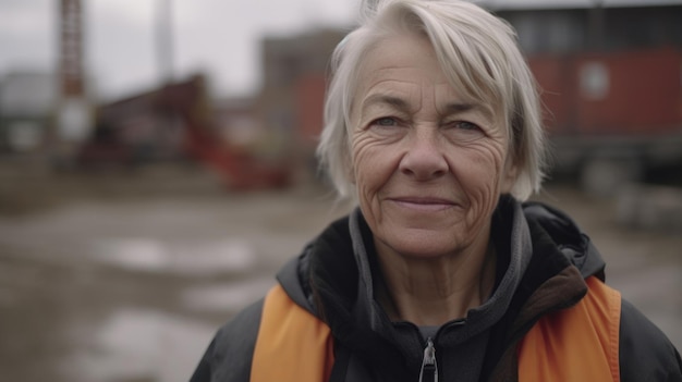 Eine lächelnde ältere schwedische Bauarbeiterin steht auf der Baustelle