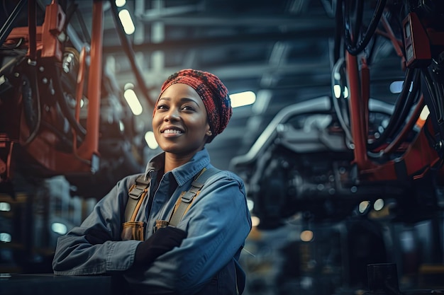 Eine lächelnde afroamerikanische Frau arbeitet in einer Autowerkstatt und überprüft den Betrieb der Einheiten und die Kontakte des elektrischen Systems des Motors.