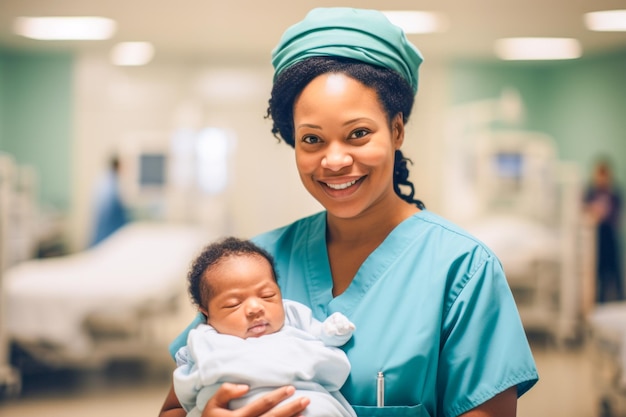 Eine lächelnde afroamerikanische Krankenschwester mit einem Neugeborenen in der Neugeburtenstation