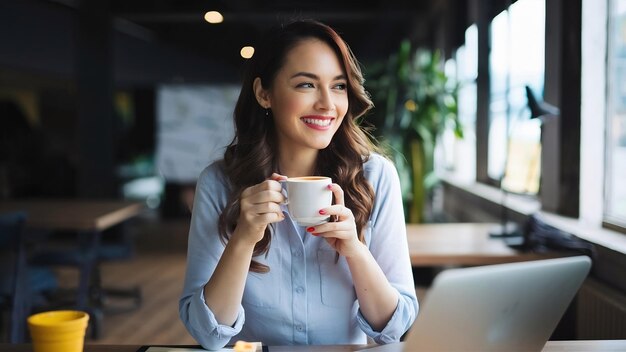 Eine lächelnde, attraktive Geschäftsfrau trinkt während einer Pause am Arbeitsplatz erfrischenden Kaffee