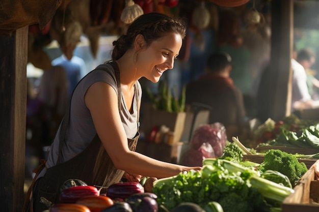 Eine lächelnde Bäuerin bereitet mit generativer KI Obst und Gemüse für den Verkauf auf dem Bauernmarkt vor
