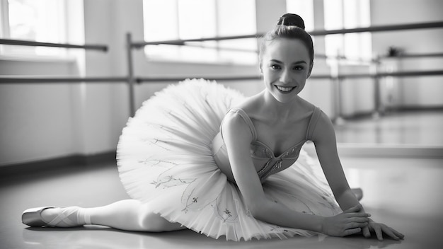 Foto eine lächelnde ballerina, die im ballettstudio übt und in die kamera schaut