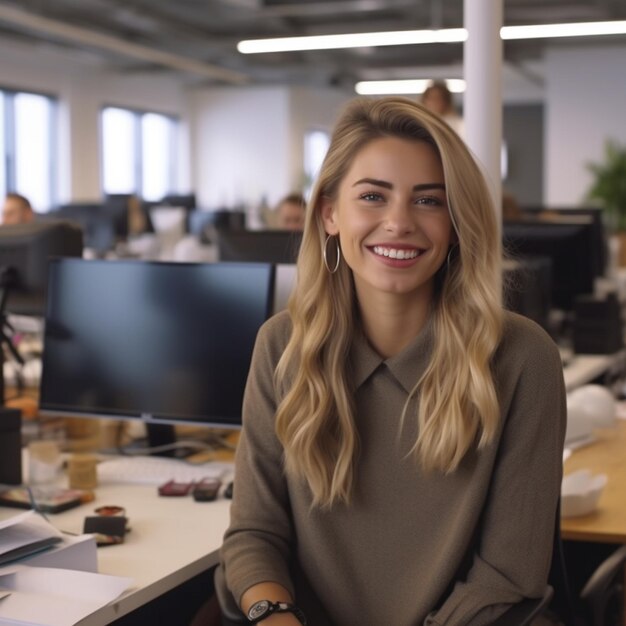 Eine lächelnde blonde Frau sitzt mit einem Lächeln im Gesicht vor einem Computer.