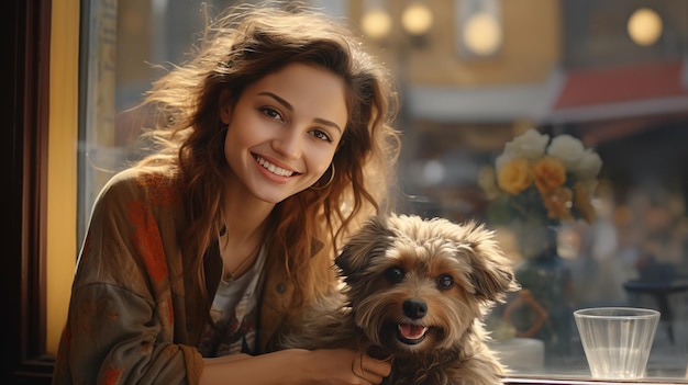 Eine lächelnde brünette junge Frau und ihr flauschiger Hund sitzen in einem gemütlichen Restaurant