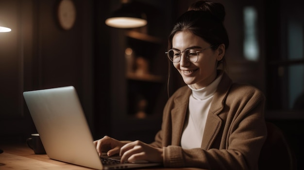 Eine lächelnde Frau arbeitet an einem Laptop im hellgoldenen und weißen generativen AI AIG21-Stil