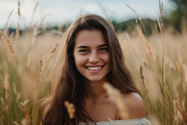 Foto eine lächelnde frau auf einem feld mit hohem gras