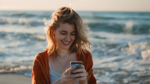 Eine lächelnde Frau benutzt beim Sonnenuntergang ein Smartphone am Strand. Porträt eines beiläufigen Lebensstils im Freien. Moderne Freizeitaktivität mit Technologie am Meer. KI.