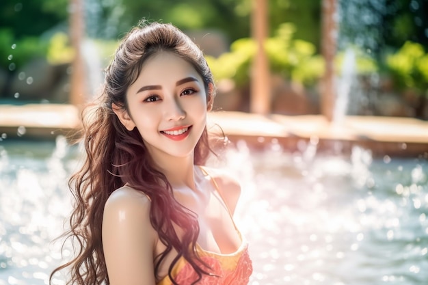Eine lächelnde Frau genießt den Pool-Badeanzug-Bikini