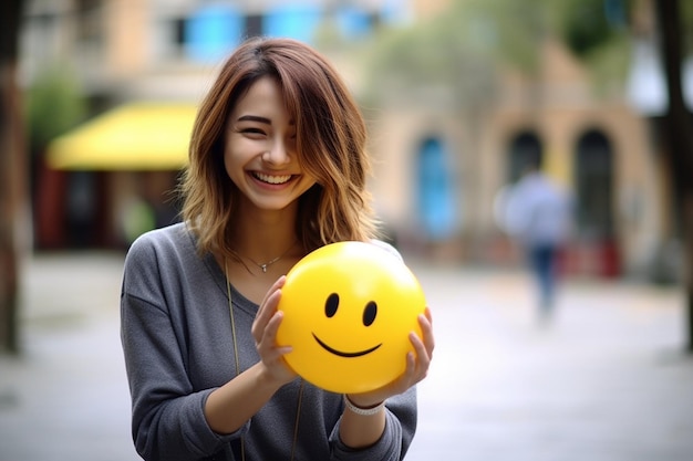 Eine lächelnde Frau hält ein Smiley-Gesicht mit einem Smiley-Gesicht darauf.