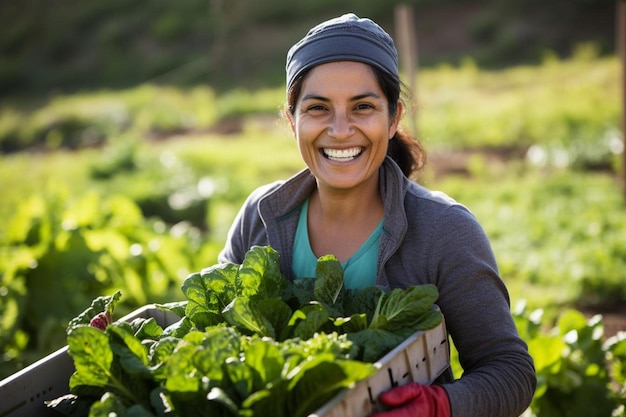Eine lächelnde Frau hält eine Kiste Salat