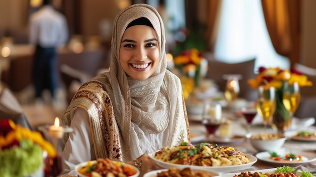 Eine lächelnde Frau im Hijab sitzt an einem Tisch, der mit einer Vielzahl von Gerichten geschmückt ist