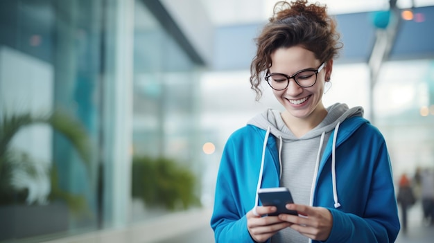 Eine lächelnde Frau in blauen Kleidern benutzt das Telefon im Freien