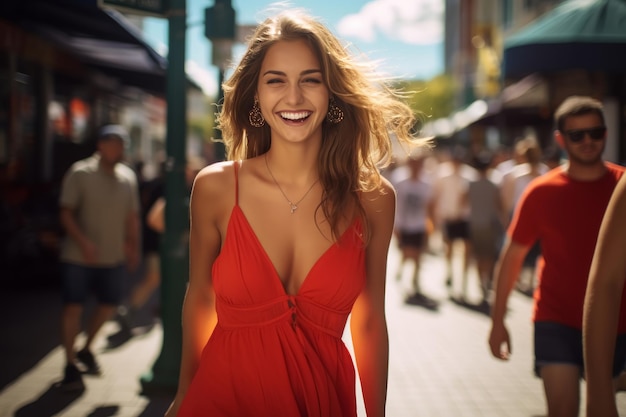 Eine lächelnde Frau in einem eleganten roten Kleid geht auf einer sonnigen Straße und strahlt Glück aus