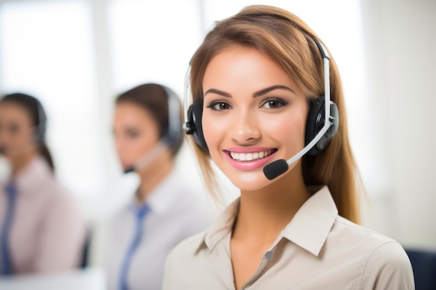 Eine lächelnde Frau mit Headset in einem Callcenter