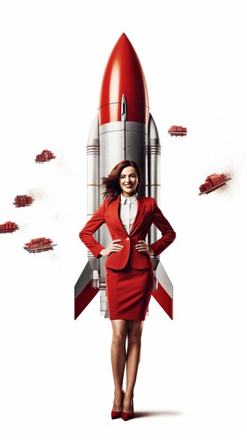 Eine lächelnde Geschäftsfrau, die ein Red Rocket Woman-Geschäftskonzept auf den Markt bringt