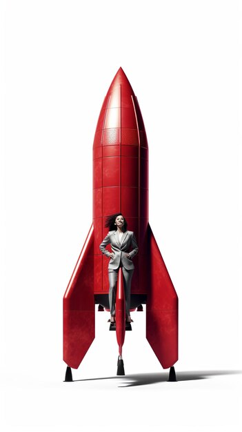 Eine lächelnde Geschäftsfrau, die ein Red Rocket Woman-Geschäftskonzept auf den Markt bringt