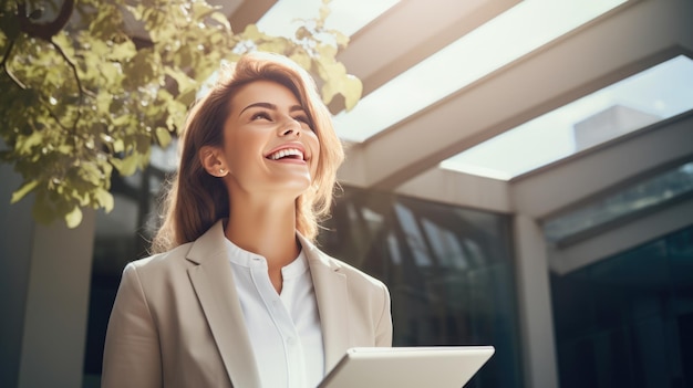 Eine lächelnde Geschäftsfrau hält ein Tablet, während sie an einem sonnigen Tag im Freien vor einem modernen Bürogebäude steht