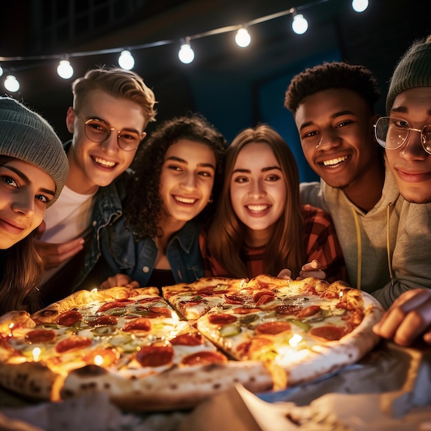 Eine lächelnde Gruppe junger Freunde in einer Kneipe teilt sich eine große Pepperoni-Pizza und genießt die Gesellschaft der anderen