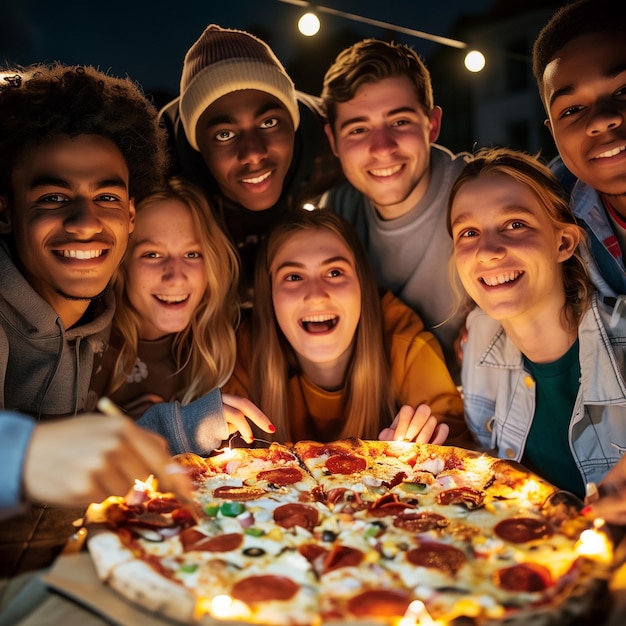 Foto eine lächelnde gruppe junger freunde in einer kneipe teilt sich eine große pepperoni-pizza und genießt die gesellschaft der anderen