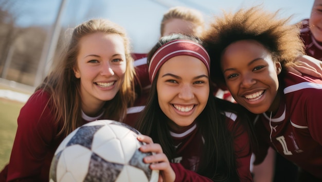 Eine lächelnde Gruppe kaukasischer und hispanischer Freundinnen genießt ein Fußballspiel im Sommer im Freien