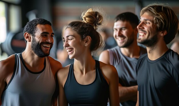 Eine lächelnde Gruppe sportlicher Freunde in Sportbekleidung lacht, während sie zusammen im Fitnessstudio stehen