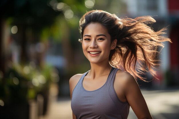 Eine lächelnde junge asiatische Frau, die einen Jogging in einer sonnigen, grünen Parkumgebung genießt