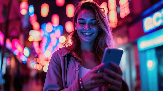 Foto eine lächelnde junge frau benutzt ein smartphone in einer lebendigen, neon beleuchteten straße in der nacht