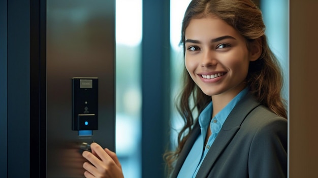 Eine lächelnde junge Geschäftsfrau führt ihre Schlüsselkarte mithilfe generativer KI durch das Türsicherheitssystem ein