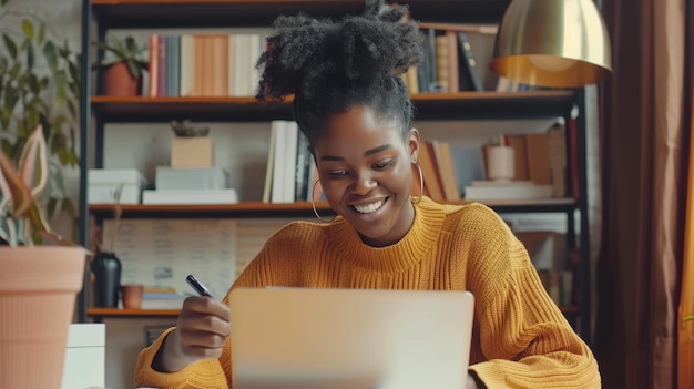 Eine lächelnde junge schwarze Frau schreibt einen Brief in einem Papiernotizbuch, eine glückliche Millennial-Frau, die einen PC benutzt und an einem Laptop arbeitet.