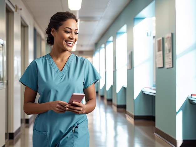 Eine lächelnde Krankenschwester geht mit einem Handy einen Krankenhauskorridor entlang