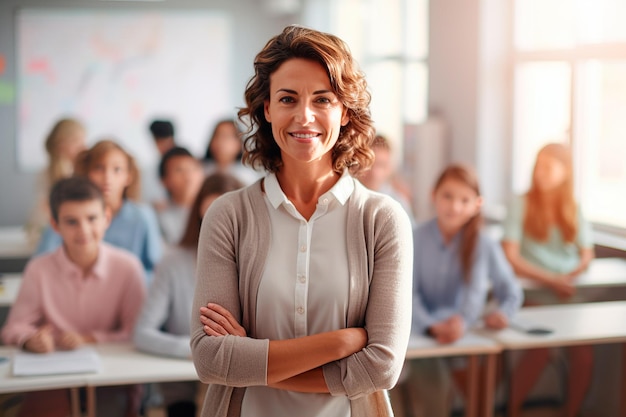 Eine lächelnde Lehrerin mit verschränkten Armen in einem Grundschulklassenzimmer mit den Kindern