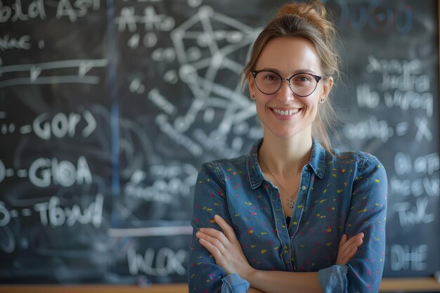 Foto eine lächelnde lehrerin steht vor einer tafel