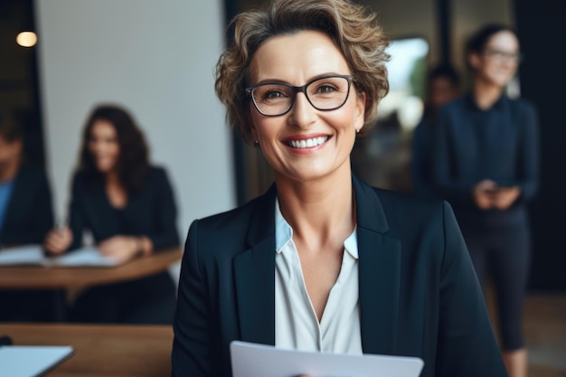Eine lächelnde, reife Geschäftsfrau mit Brille aus der Personalabteilung hält bei einem Vorstellungsgespräch einen Lebenslauf